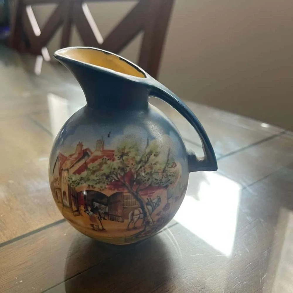Vintage Japanese Pitcher‎ Vase Hand Painted Village Scene Decorative Collectible